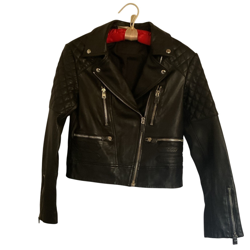AllSaints Black Leather Moto Biker Jacket NWT Quilted Cropped Women US 2 - Picture 7 of 13